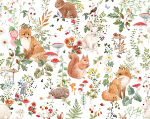 Large size wall mural with hand drawn watercolor forest animals and plants. Stock illustration.