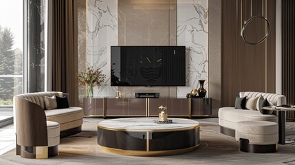 a modern living room with a white marble floor adorned with gold inlay, centered around a large circular coffee table, featuring a sleek modern sofa and armchair, with a TV mounted on the wall.
