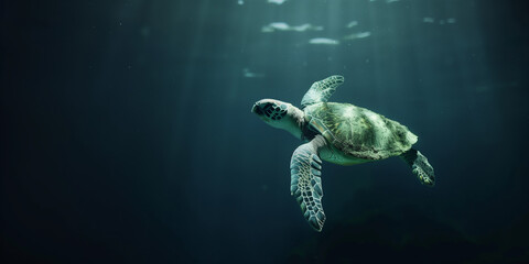 Fototapeta premium the green sea turtle swimming underwater, clear ocean water seabed, copy space for text