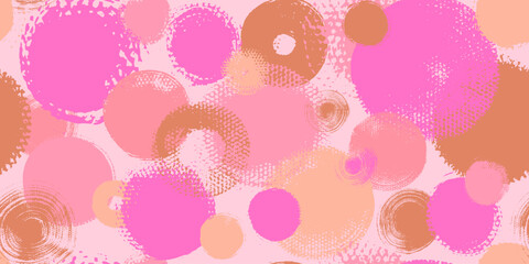 Seamless pattern with pink, beige circles. Abstract art design. Grunge textures. 