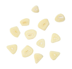 Top view set of fresh garlic cloves in slices or pieces scattering isolated with clipping path in png file format