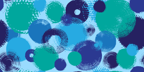Seamless pattern with blue, green circles. Abstract art design. Grunge textures. Halftone texture effect.