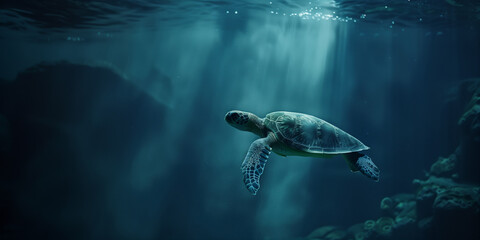 Fototapeta premium the green sea turtle swimming underwater, clear ocean water seabed, copy space for text