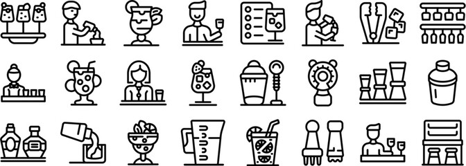 Bartender making cocktail vector icon. A series of black and white icons depicting various food and drink related items. The icons include a person pouring a drink, a person holding a cup, a person