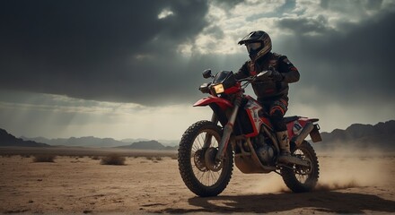Rally Biker racing through the desert on his rally motorcycle. Rally hard enduro motorcycle promotion picture. Rally motorcycle components advertising picture. Generative AI.