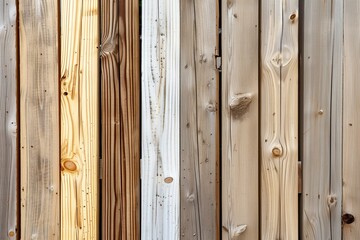 A close-up of a wooden fence showcasing various wood textures and colors, including light, dark, and painted planks arranged vertically.