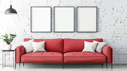 Stylish sofa and blank frames near white brick wall vector