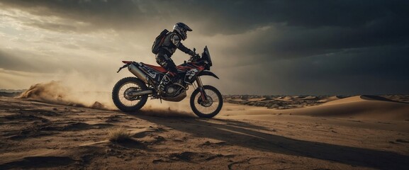 Obraz premium Rally Biker racing through the desert on his rally motorcycle. Rally hard enduro motorcycle promotion picture. Rally motorcycle components advertising picture. Generative AI.