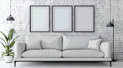 Stylish sofa and blank frames near white brick wall vector