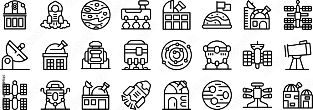 Poster mars observatory vector icon. a collection of space-themed icons, including a rocket, a building, an