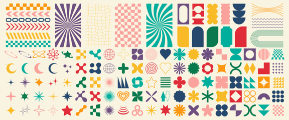Big vector set of Y2K design elements. Trendy abstract minimalist figures, stars, flowers, circles. Vector illustration