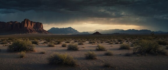 Wide shot of a desert in the cloudy sunset. United states desert or mexican desert Generative AI.