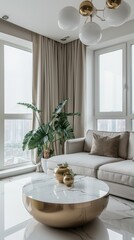 Fototapeta premium a modern living room with a white marble floor adorned with gold inlay, centered around a large circular coffee table, featuring a sleek modern sofa and armchair, with a TV mounted on the wall.