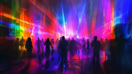 Fototapeta premium Vibrant nightclub with dazzling lasers and colorful lights on the dance floor.
