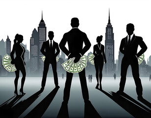 Mehrere Personen stehen voneinander abgewendet als Silhouetten, jeder h&auml;lt ein Geldb&uuml;ndel in seinen H&auml;nden, Symbolbild zum Thema "&uuml;ber Geld redet man nicht"