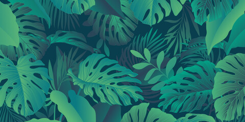 Exotic luxury background, frame, card. Tropical green, blue palm leaves.  Jungle wallpaper.