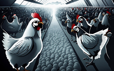 Hühner im Stall, in der Mitte ein Förderband mit tausenden Eiern, Massentierhaltung