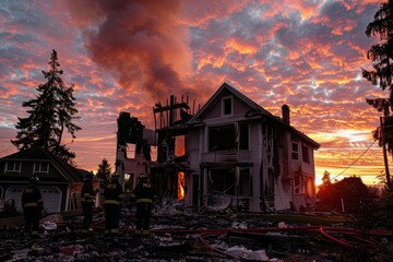 Firefighters Battling House Blaze at Sunset, A Dramatic Rescue Operation