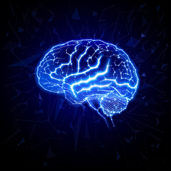 A modern technological illustration of the human brain using geometric shapes arranged on a dark blue background. Used in medicine scientific, advertising, commercial and industrial