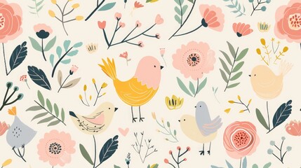 Childish Whimsical Floral and Bird Illustration Pattern with Pastel Colors for Charming Textile Design
