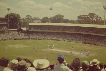 Vintage Style Cricket Match Scene at Iconic Stadium with Spectators