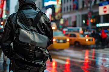 Urban scene with person in black leather jacket and backpack in the rain on a busy street with...