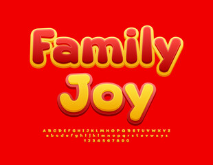 Vector cute logo Family Joy. Bright Yellow and Red Font. Cartoon style Alphabet Letters and Numbers set.