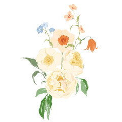 Obraz premium Watercolor abstract flower bouquet of narcissus, peony, tulip and forget-me-not. Hand painted wildflowers isolated on white background. Holiday Illustration for design, print, fabric or background.