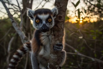 Close-up of a ring-tailed lemur clinging to a tree with a sunset in the background in a forested area.