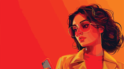 Stylish young woman with mobile phone on red background