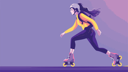 Fototapeta na wymiar Stylish young woman with roller skates on purple background