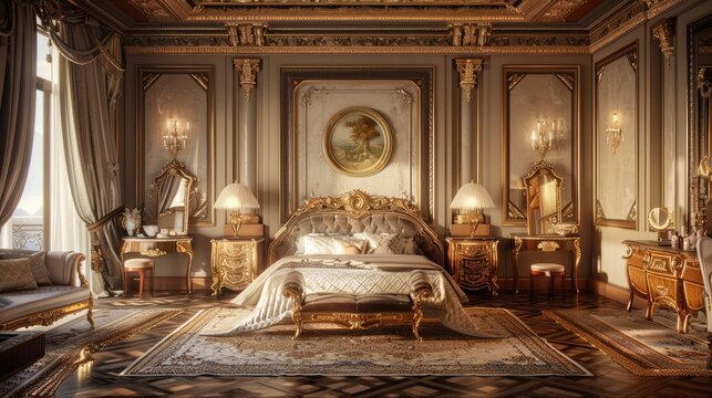 Luxurious bedroom with bed and bedside tables and dressing table. french bedroom in modern and antique luxury style realistic