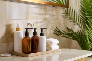 Obraz na płótnie Canvas Modern bathroom countertop with soap dispensers, lotion bottles, white folded towels, and green tropical plants.
