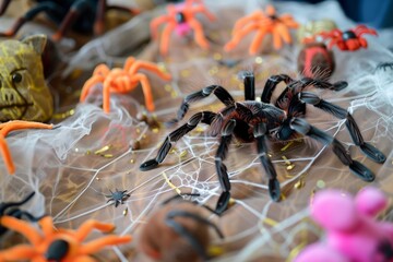 Close-up of multiple toy spiders and cobweb decorations, featuring a realistic black spider surrounded by colorful, plush spiders on a fabric surface. - Powered by Adobe