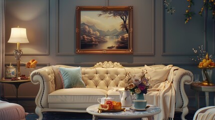 a living room adorned with soothing blue walls, a plush sofa, and a classic coffee table, a framed painting in French style decor, velvet cushions adding warmth to the ambiance.