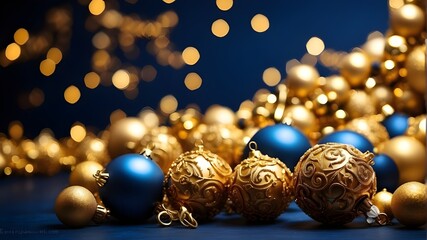 golden Christmas balls on top of a dark blue background for the holidays