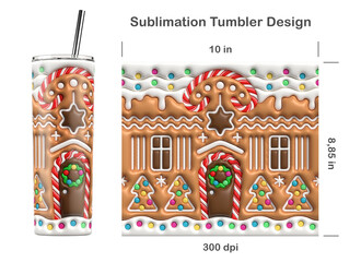 Christmas Cookie House. 3D inflated bubble sublimation design for 20 oz skinny tumbler. Sublimation illustration. Seamless from edge to edge. Full tumbler wrap.
