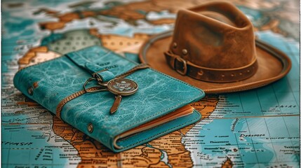 A brown hat placed next to an open book on top of a map, indicating travel planning or exploration