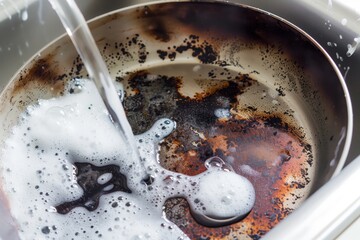 Close-up of a dirty, burnt pot being cleaned with water and soap suds in a kitchen sink.