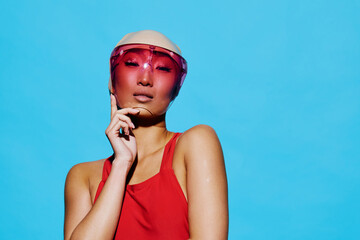 Woman hat smile swimsuit trendy stylish beauty blue fashion asian lips sunglasses summer portrait