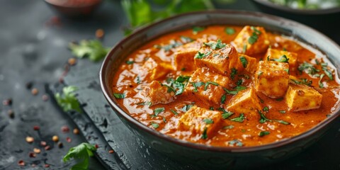 Paneer Tikka is served in a frying pan with lots of cheese and herbs. Generative AI
