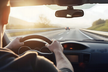 man driving on highway, close up of steering wheel and hand holding the steering wheel 