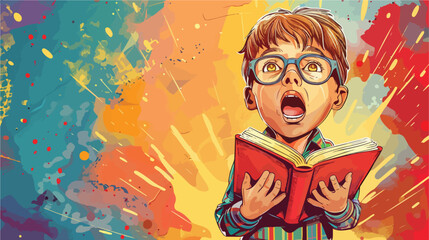 Surprised little schoolboy with book on color background