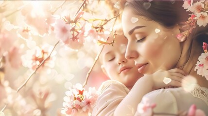 Mother and daughter in spring blooming garden. Happy family concept.