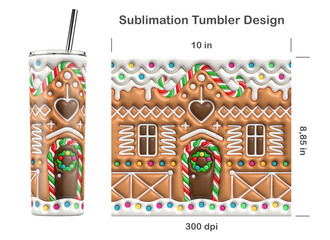 Christmas Cookie House. 3D inflated bubble sublimation design for 20 oz skinny tumbler. Sublimation illustration. Seamless from edge to edge. Full tumbler wrap.