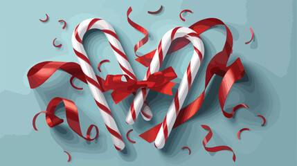 Sweet candy canes tied with red ribbon on color background