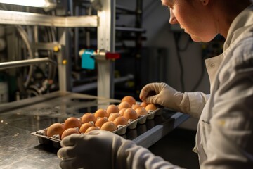 Scientist examining eggs in a laboratory setting, wearing gloves and a lab coat. The image focuses on the careful inspection of eggs in an industrial environment.