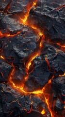 Detailed view of molten lava with glowing orange and red rocks. Geological phenomenon concept