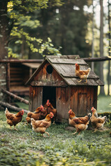 Fototapeta premium Sunny Day at Farm with Free-Range Chickens by Wooden Coop 