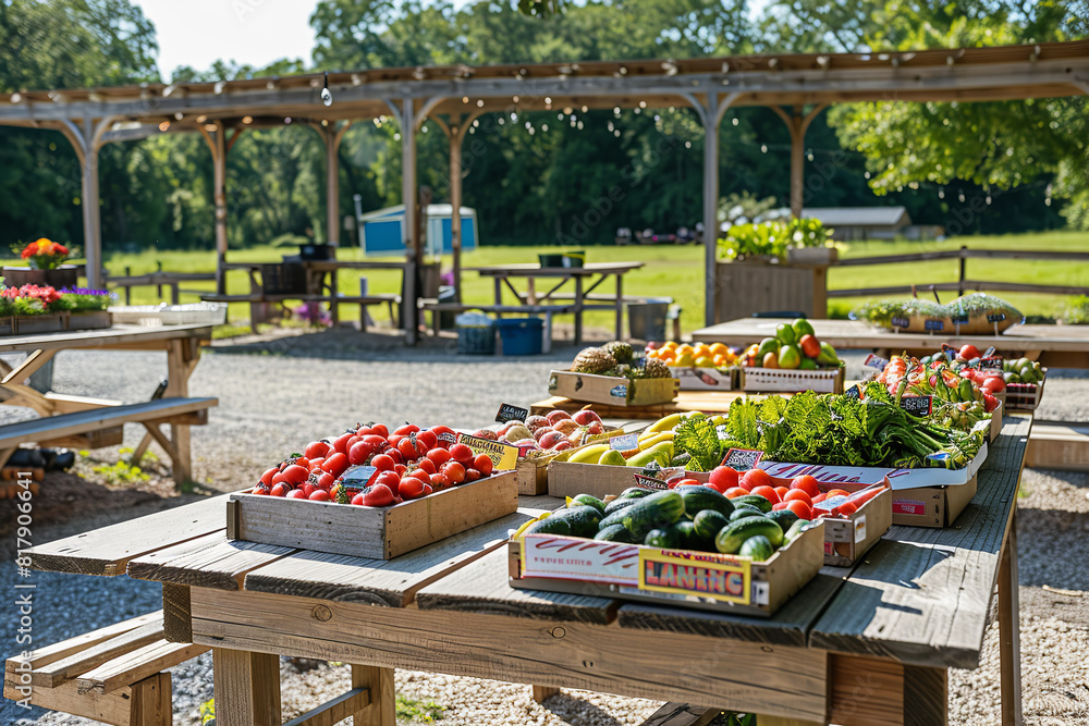 Poster Sunny Farmer’s Market with Fresh Produce on Rustic Tables 